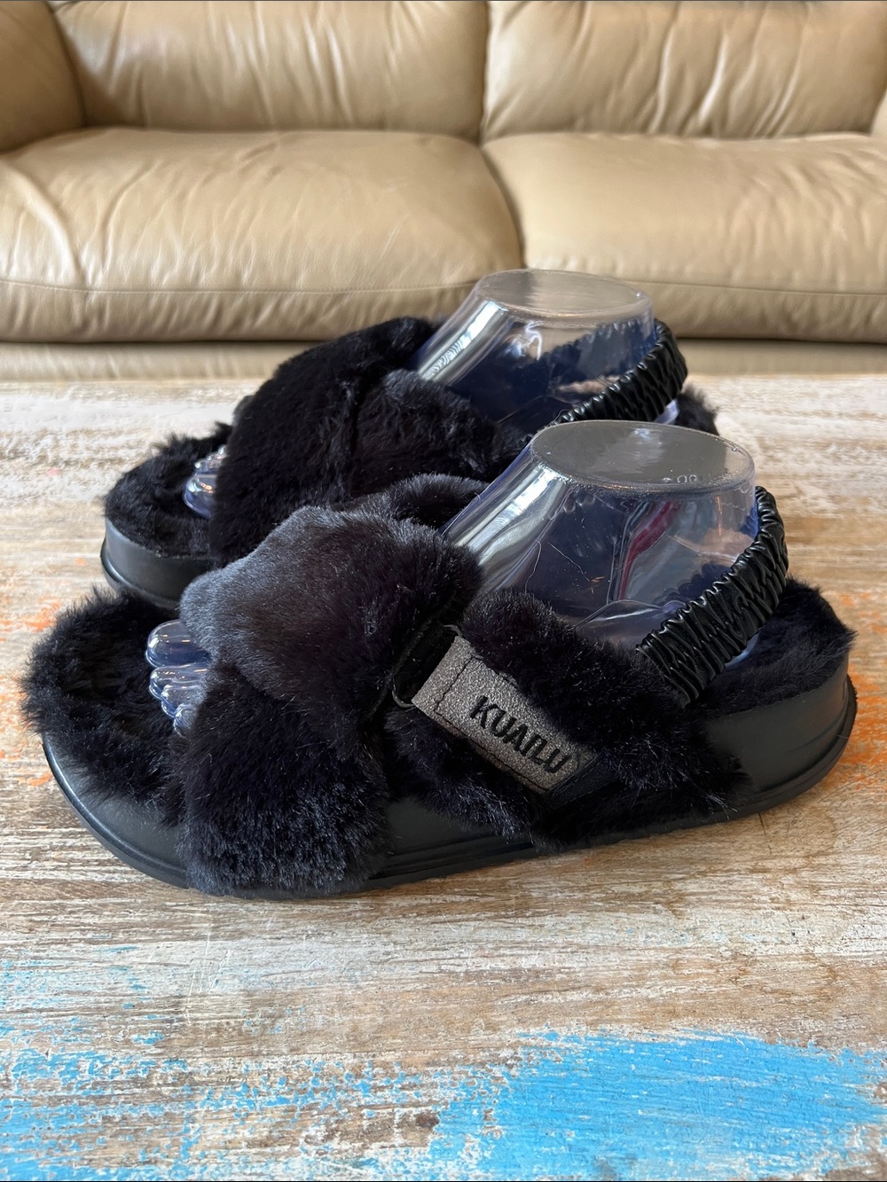 Kualu Black Faux-Fur Crossband Slide with Elastic Back Strap Size 10